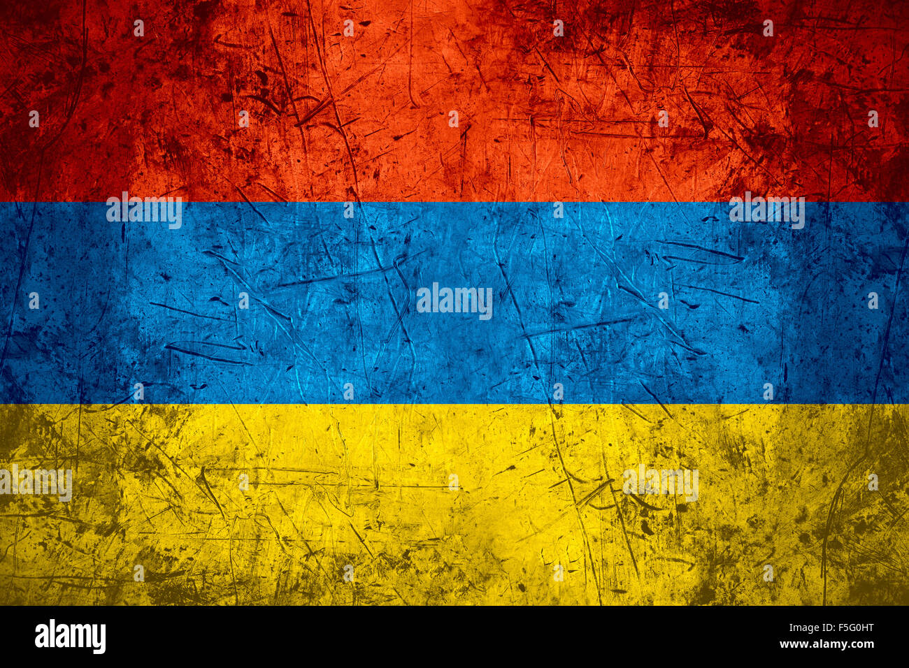 flag of Armenia or Armenian banner on rough pattern metal background Stock Photo