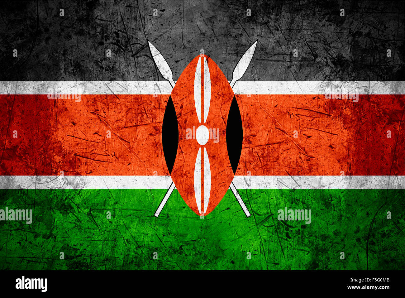flag of Kenya or Kenyan banner on rough pattern metal background Stock