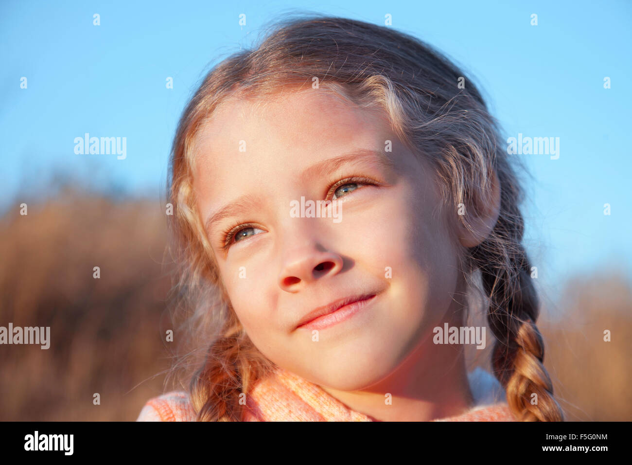 Portrait of a girl with pigtails closeup outdoors Stock Photo