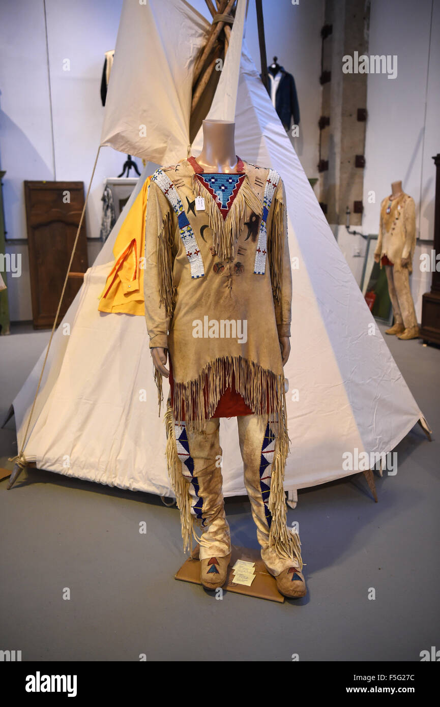 An original Winnetou costume with a bullet hole over the heart from the  personal estate of Winnetou actor Pierre Brice is on display in the auction  hall Muehlenbeck, Germany, 03 November 2015.