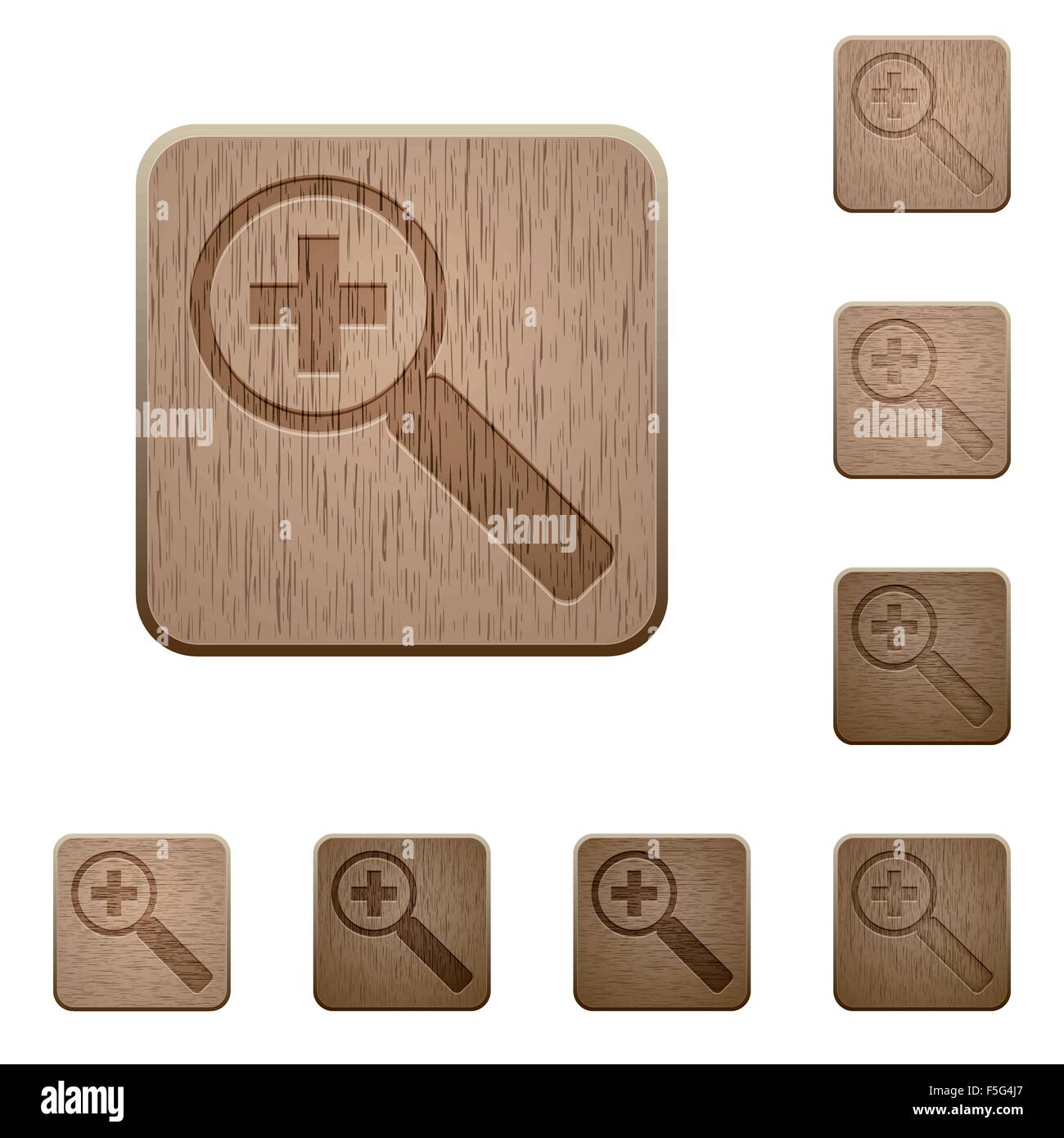 Set of carved wooden zoom in buttons. 8 variations included. Arranged layer structure. Stock Vector