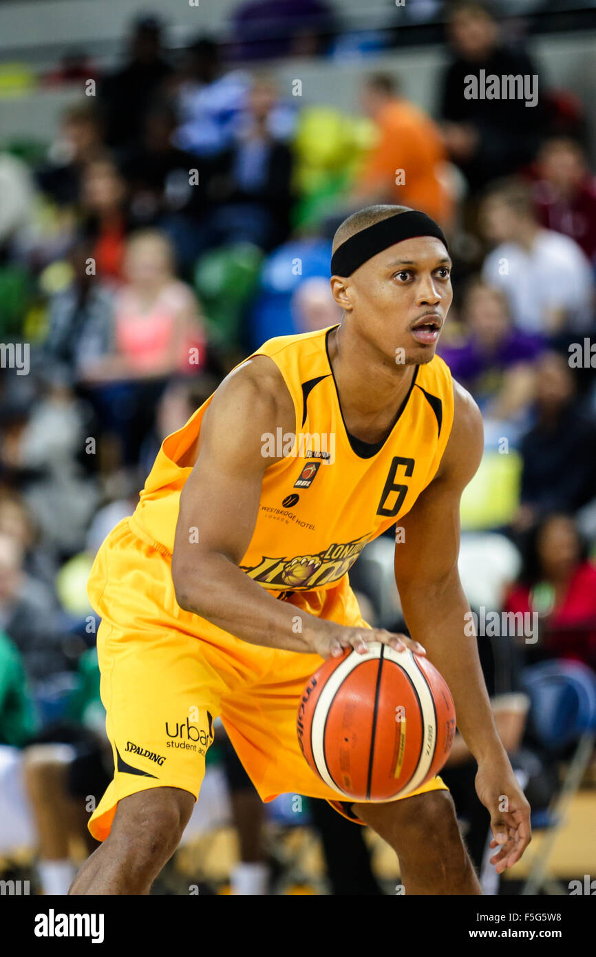 London UK. 29th October, 2015. London Lion's Andre Lockhart with the ball. London Lions vs Manchester Giants BBL game at the Cop Stock Photo