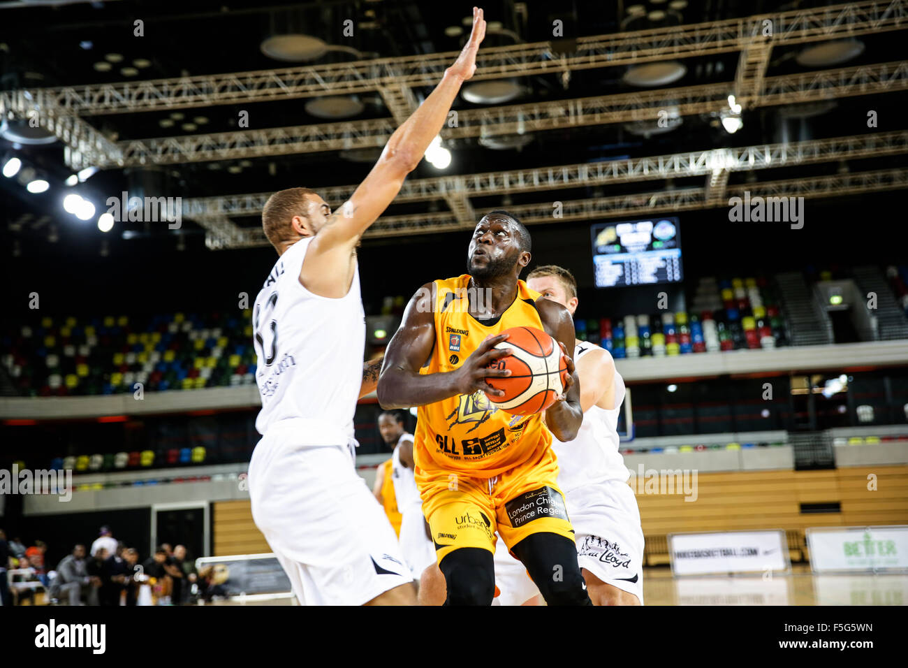London UK. 29th October, 2015. London lions' captain .Joe Ikhinmwin with the ball.London Lions vs Manchester Giants BBL game at Stock Photo