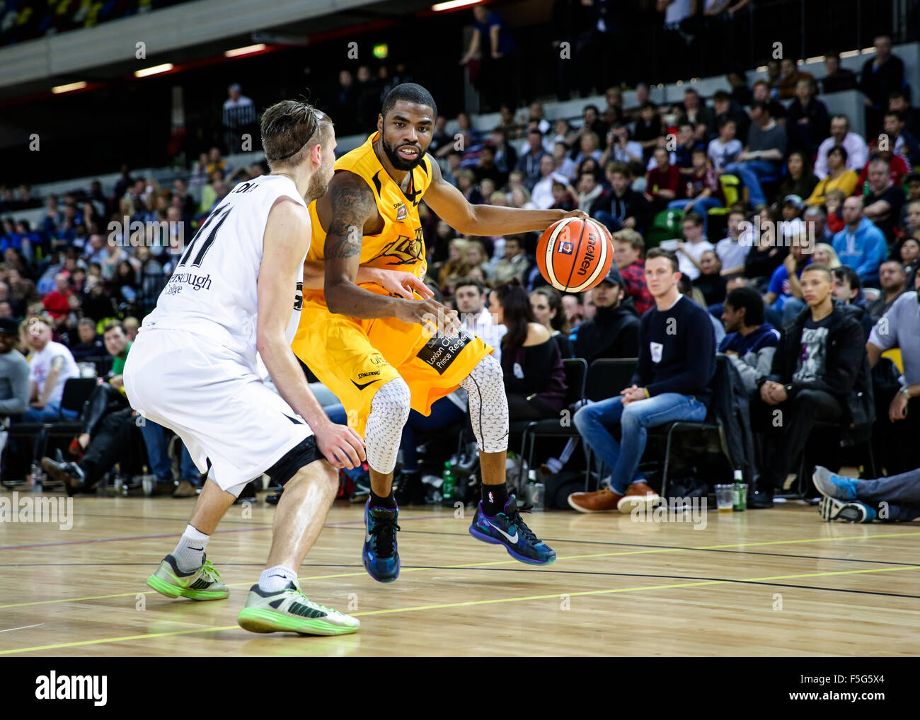 London UK. 29th October, 2015. Lions' Jaron Lane with the ball. London Lions vs Manchester Giants BBL game at the Copper Box Are Stock Photo