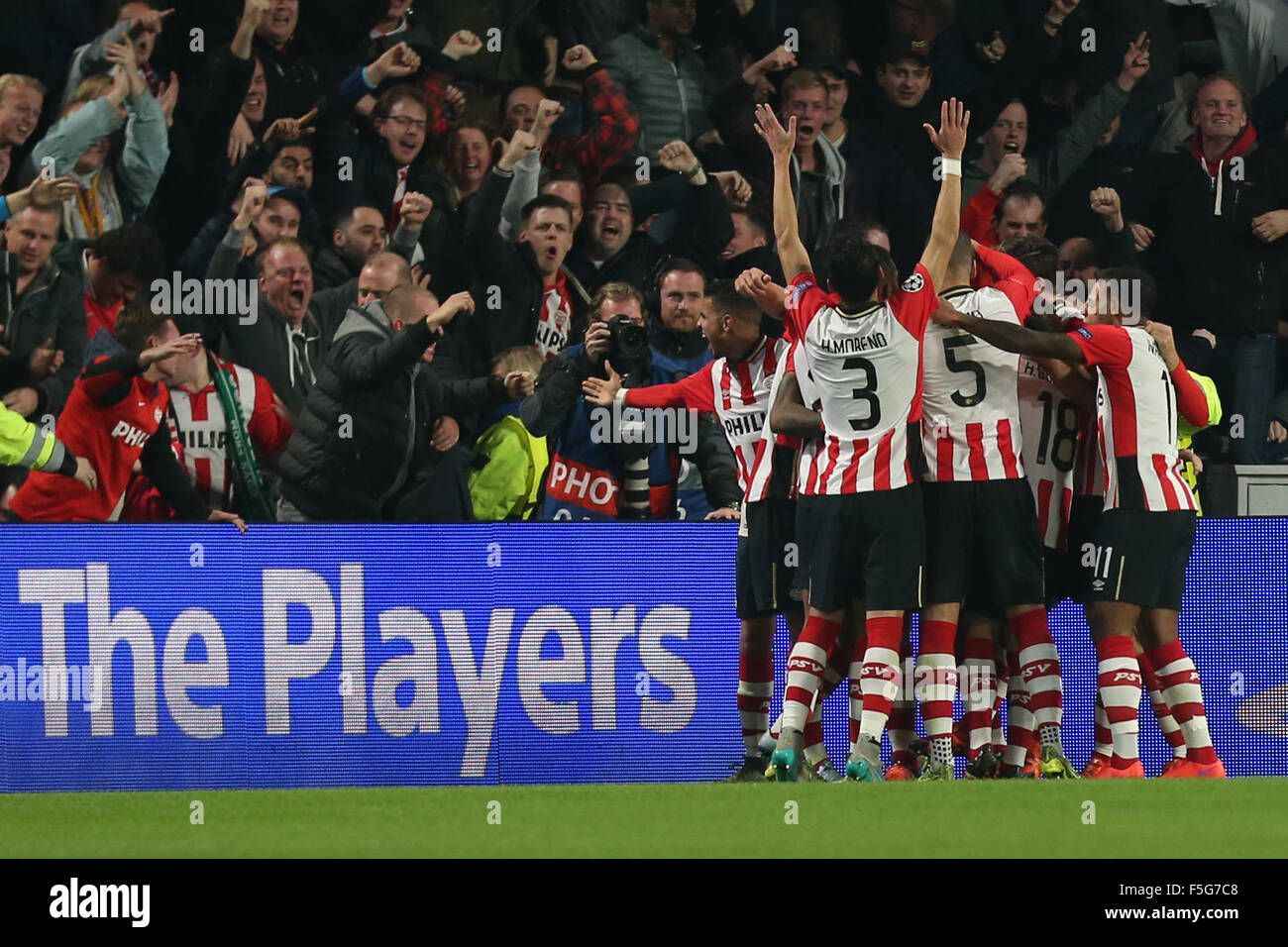 Eindhoven, The Netherlands. 03rd Nov, 2015. Eindhovens players celebrate after 2:0 during the UEFA Champions League Group B soccer match PSV Eindhoven and VfL Wolfsburg at the PSV Stadium in Eindhoven, The Netherlands, 03 November 2015. Photo: Maja Hitij/dpa/Alamy Live News Stock Photo