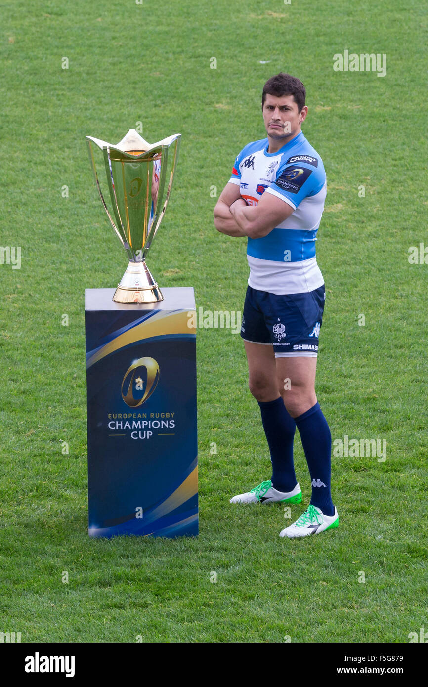Twickenham Stoop, London, UK. 04th Nov, 2015. European Rugby Champions Cup media launch. Italy's PRO12 team captain - Treviso's Alessandro Zanni - poses with the Champions Cup trophy at Twickenham Stoop. Credit:  Action Plus Sports/Alamy Live News Stock Photo