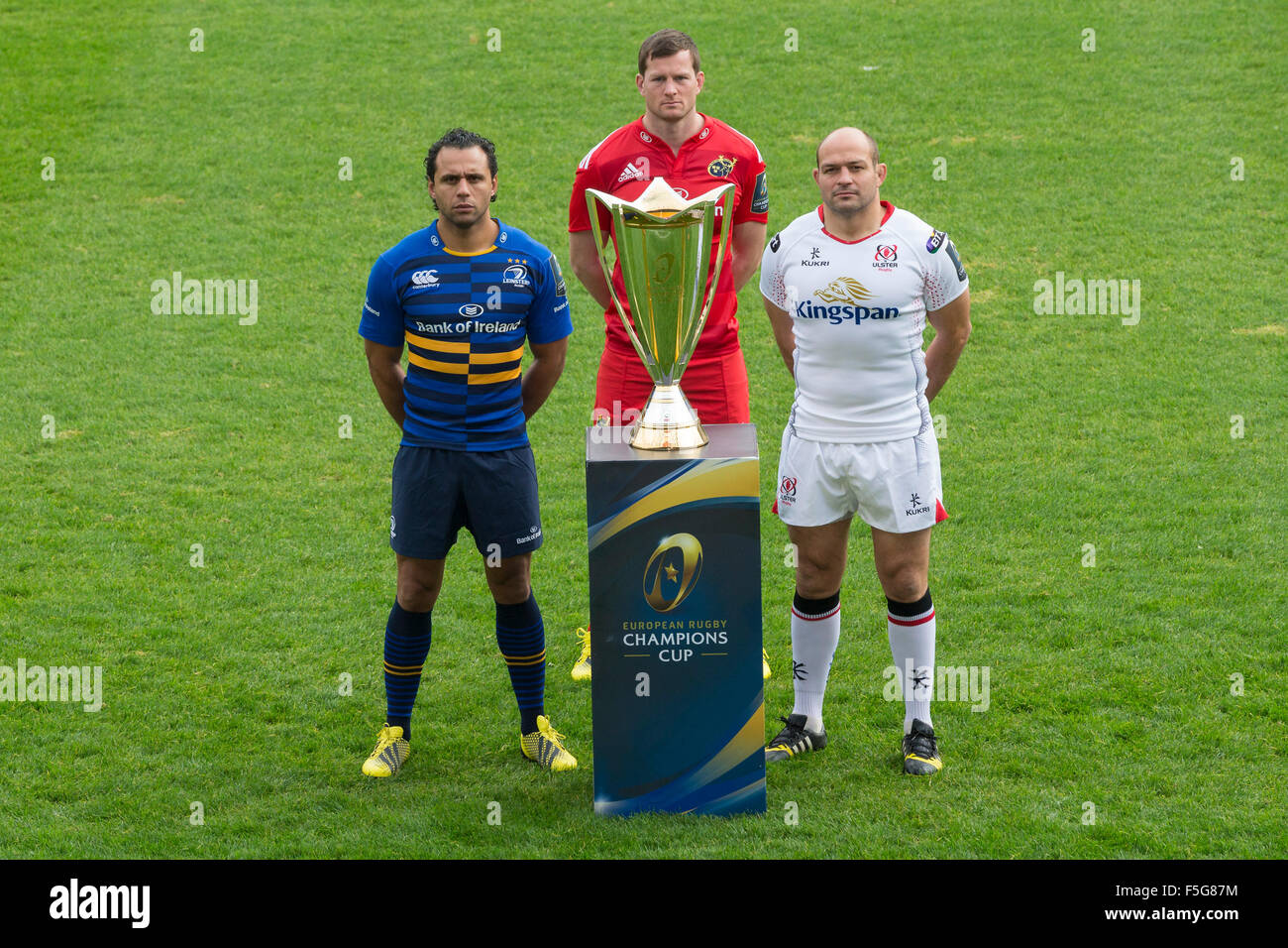 Twickenham Stoop, London, UK. 04th Nov, 2015. European Rugby Champions Cup media launch. Irish PRO12 team captains pose with the Champions Cup trophy at Twickenham Stoop. (l-r: Leinster's Isa Nacewa, Munster's Denis Hurley, Ulster's Rory Best) Credit:  Action Plus Sports/Alamy Live News Stock Photo