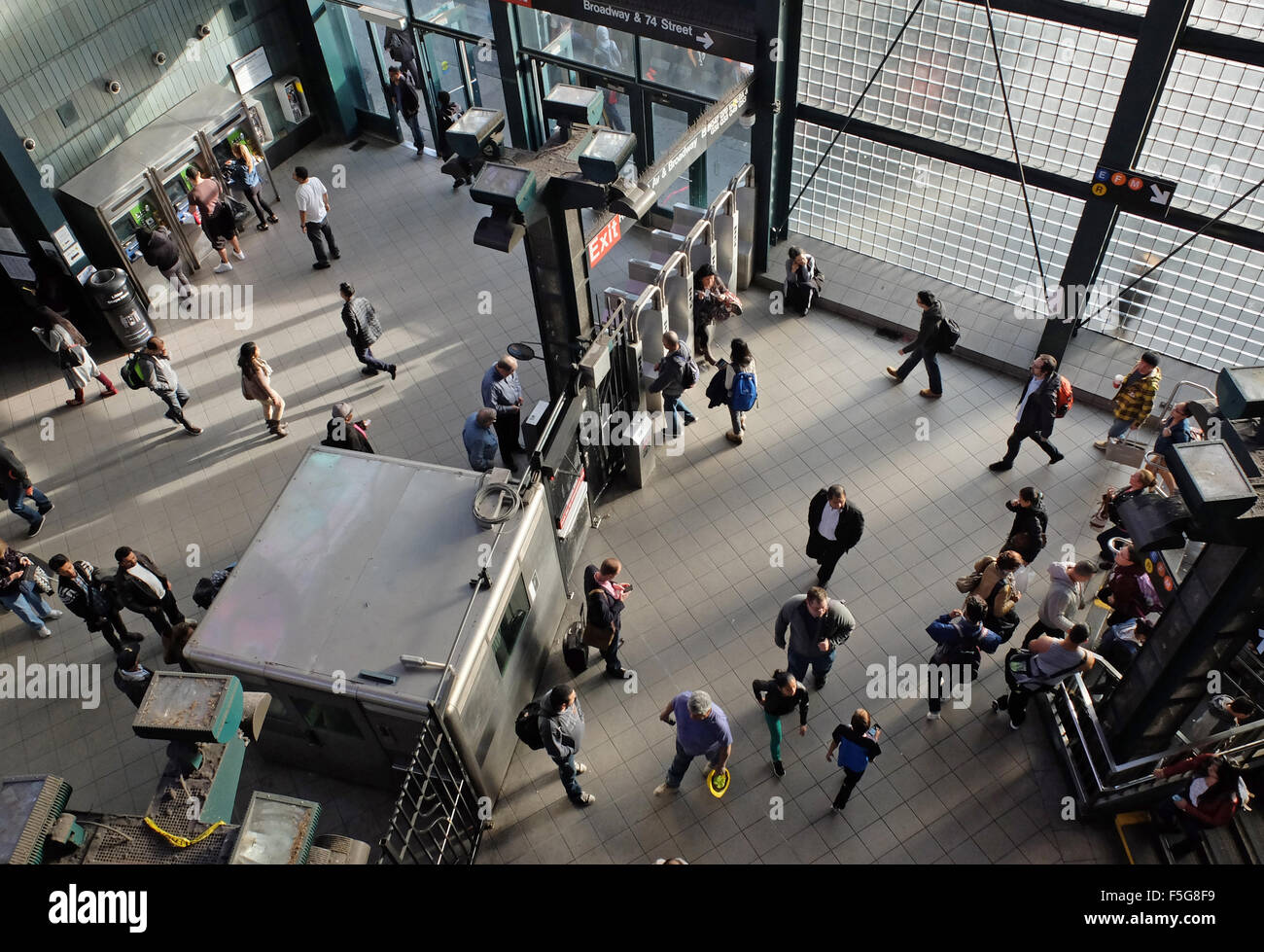 A view from above of the Roosevelt Avenue 74th Street subway station in Jackson Heights,Queens, New York. Stock Photo