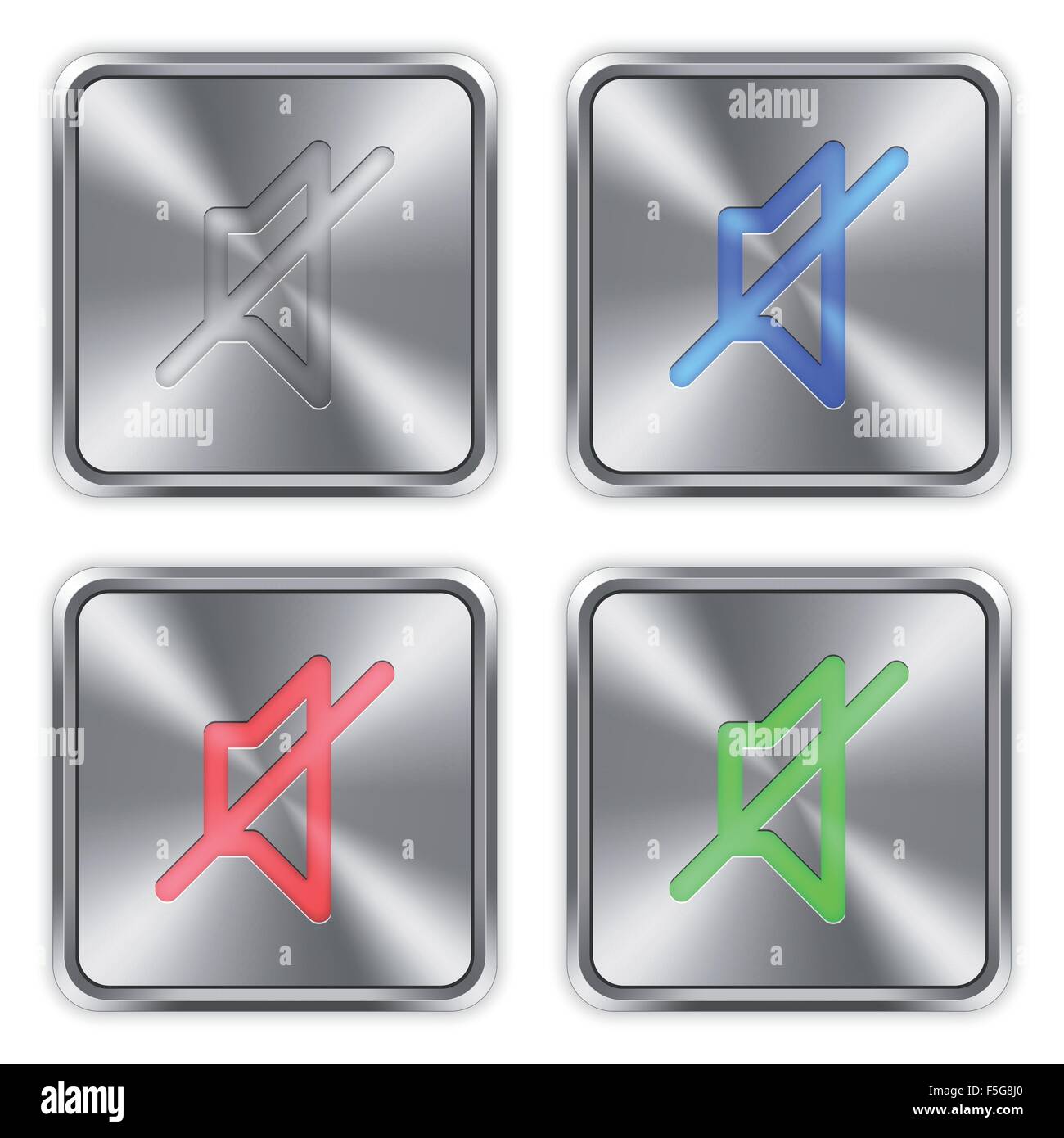 Color mute icons engraved in glossy steel push buttons. Well organized layer structure, color swatches and graphic styles. Stock Vector