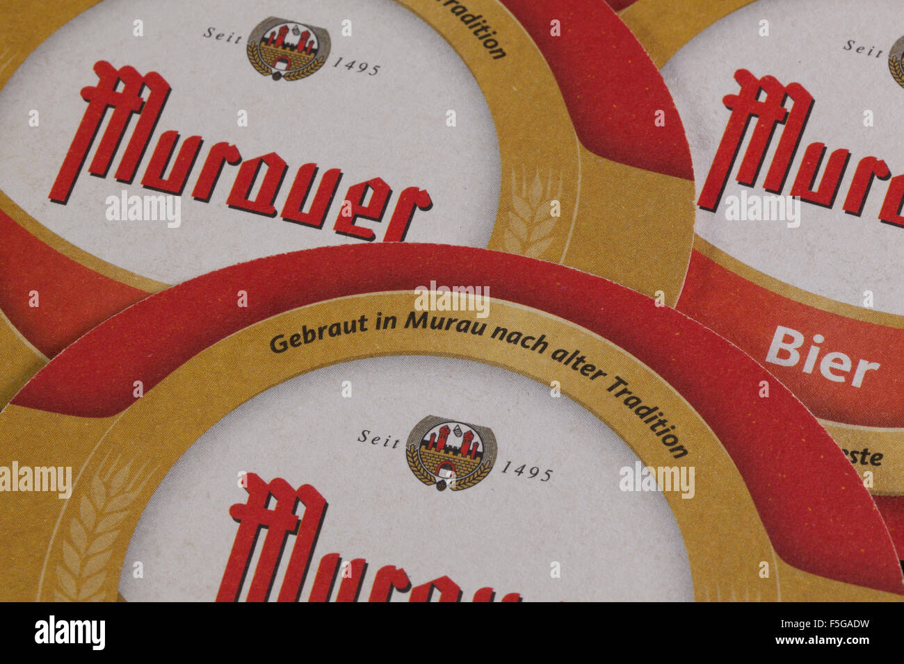 Austria, Murau - August  4,2015:Beermats from Murauer beer. It is one of the oldest beer brands in Austria. Stock Photo