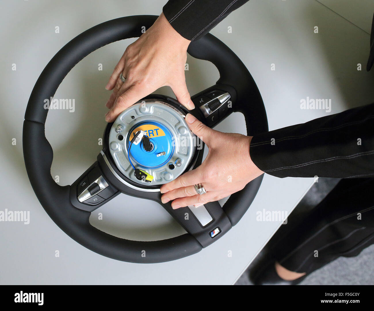 Schoenebeck, Germany. 17th Apr, 2014. An airbag igniter is built into a