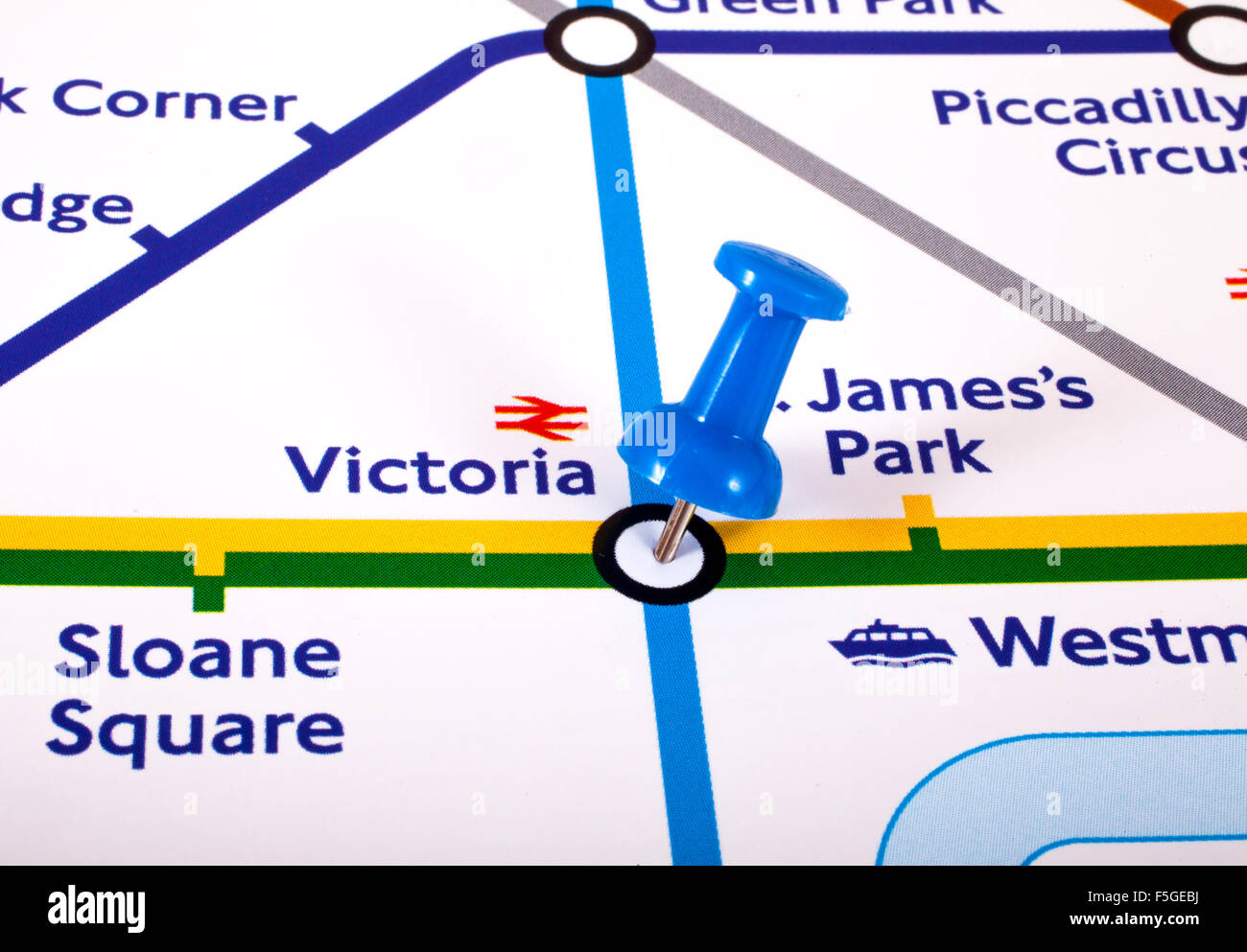 LONDON, UK NOVEMBER 1ST 2015 A map pin marking the location of Victoria station on a London