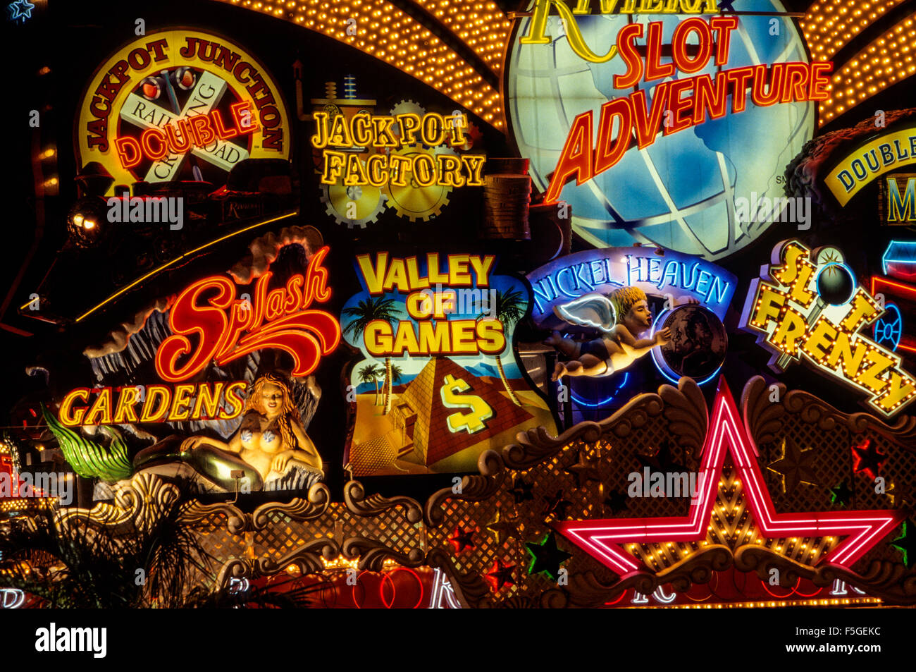 Las Vegas, Nevada.  Neon Advertising along Las Vegas Boulevard ('The Strip') at Night. Stock Photo