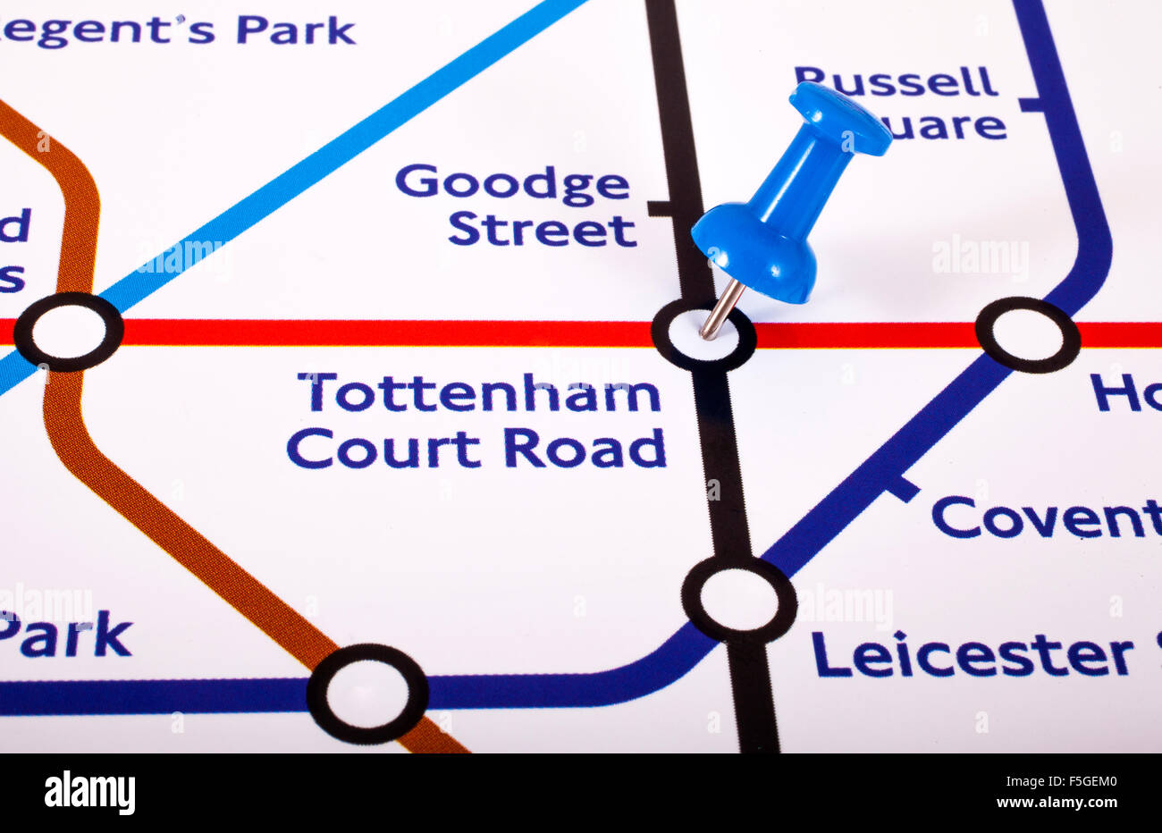 LONDON, UK - NOVEMBER 1ST 2015: A map pin marking the location of Tottenham Court Road station on a London Underground Map, on 1 Stock Photo