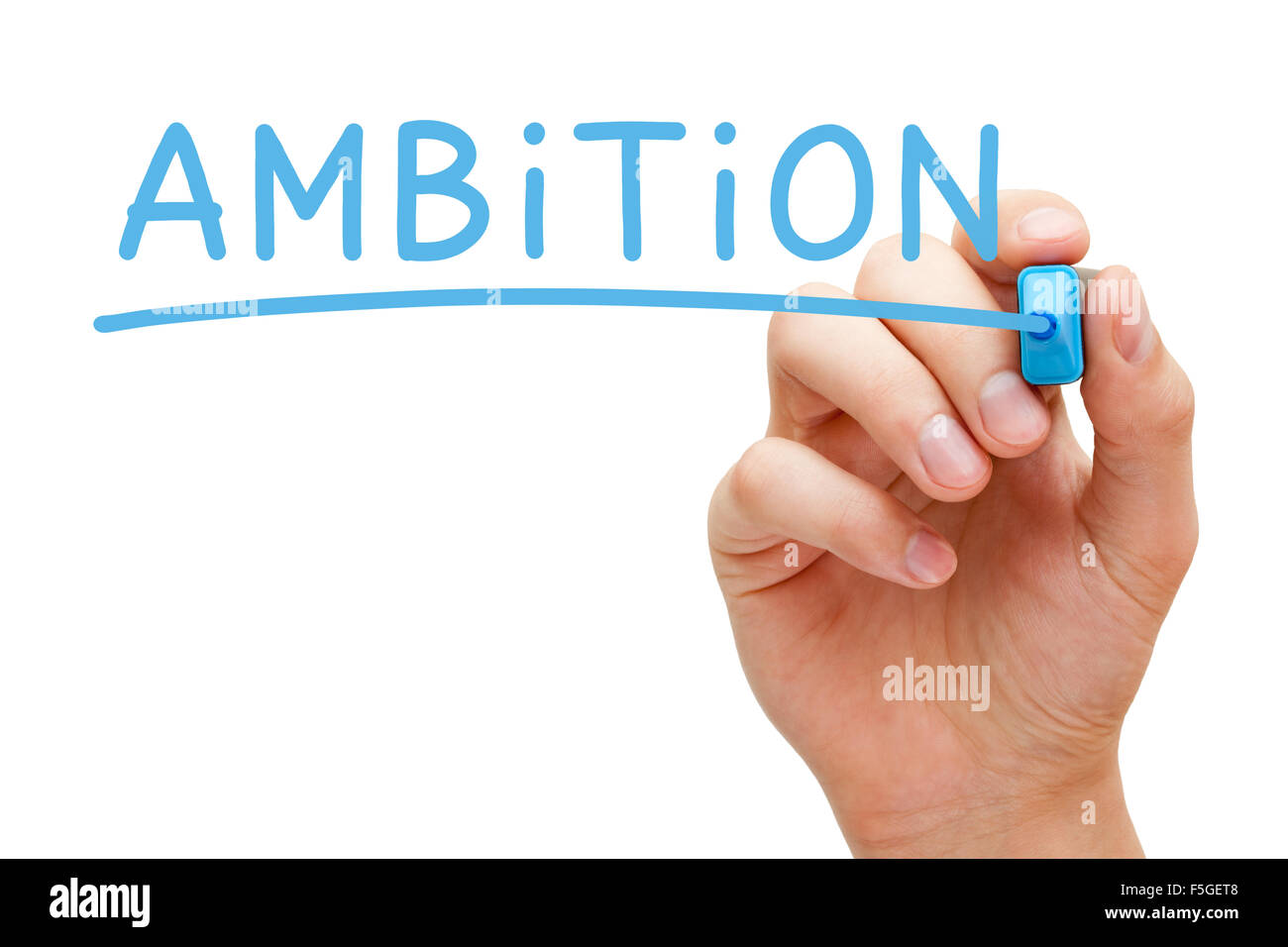 Hand writing Ambition with blue marker on transparent wipe board isolated on white. Stock Photo