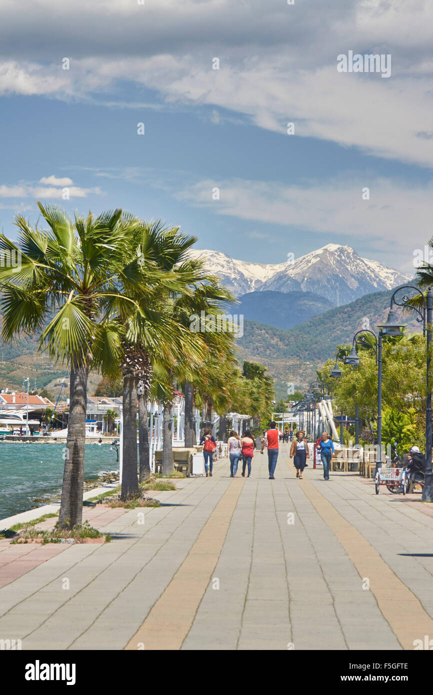Promenade on sea front, lined with palm trees. Snow capped mountains in distance. Stock Photo