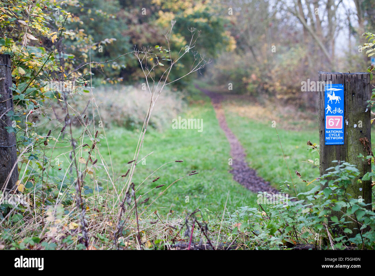 Sign post marking the route of the Trans Pennine Trail in Sheffield, South Yorkshire, part of the Sustrans network for cyclists Stock Photo