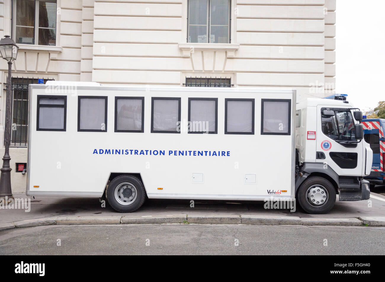 White penitentiary administration car bus vehicle outdoor in France Stock Photo