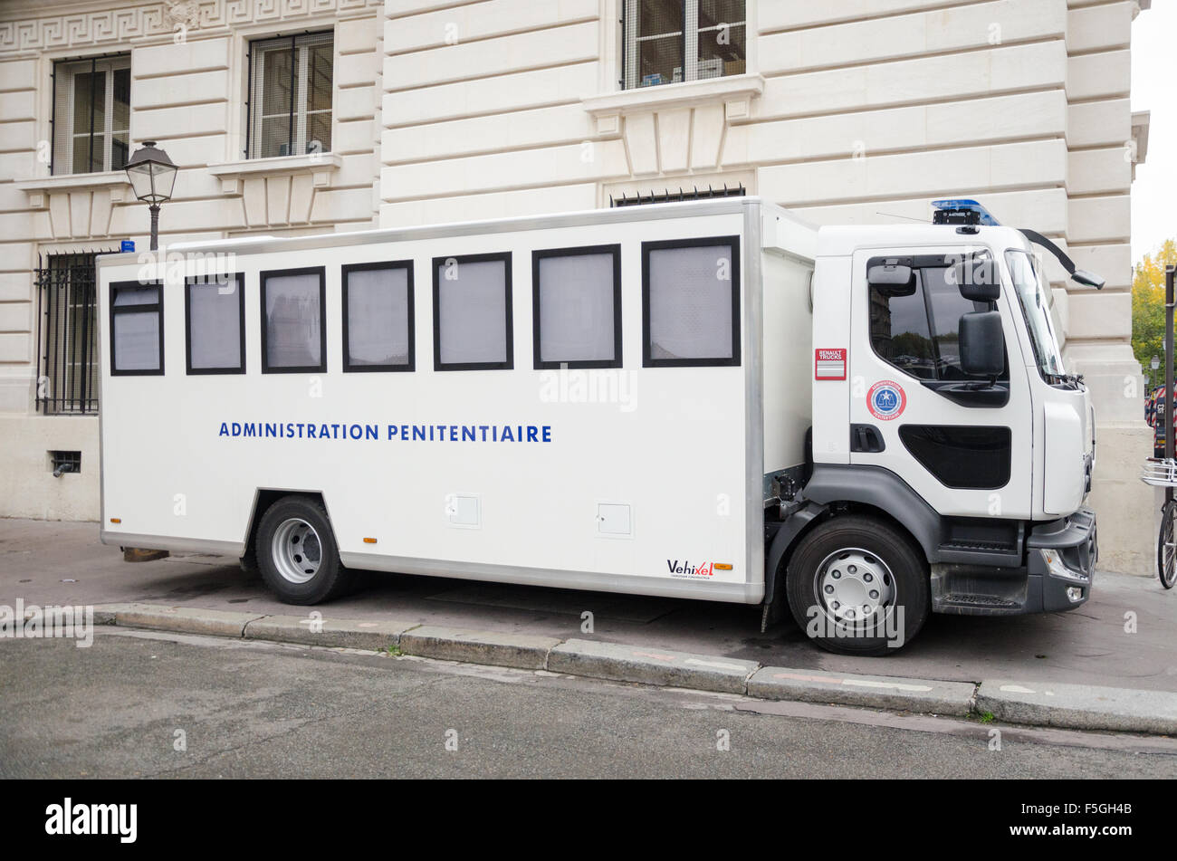 White penitentiary administration car bus vehicle outdoor in France Stock Photo