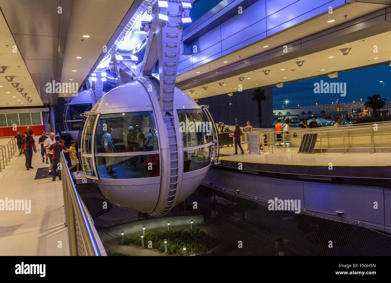Las Vegas, Nevada.  High Roller Passenger Gondolas Arrive at Boarding Station for the 30-minute Roundtrip. Stock Photo