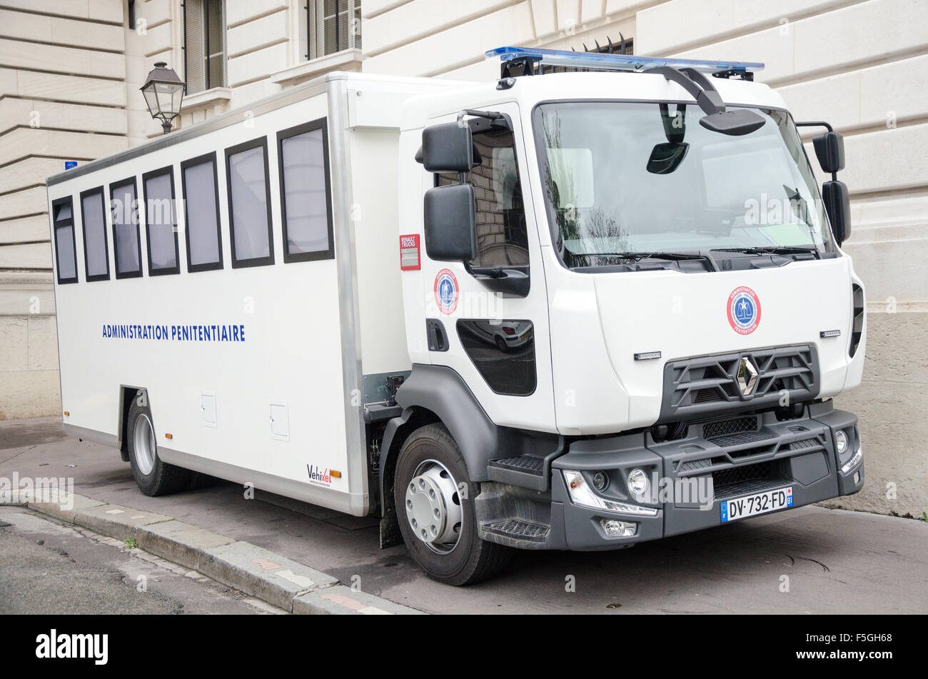 White penitentiary administration car bus vehicle outdoor in France Stock Photo