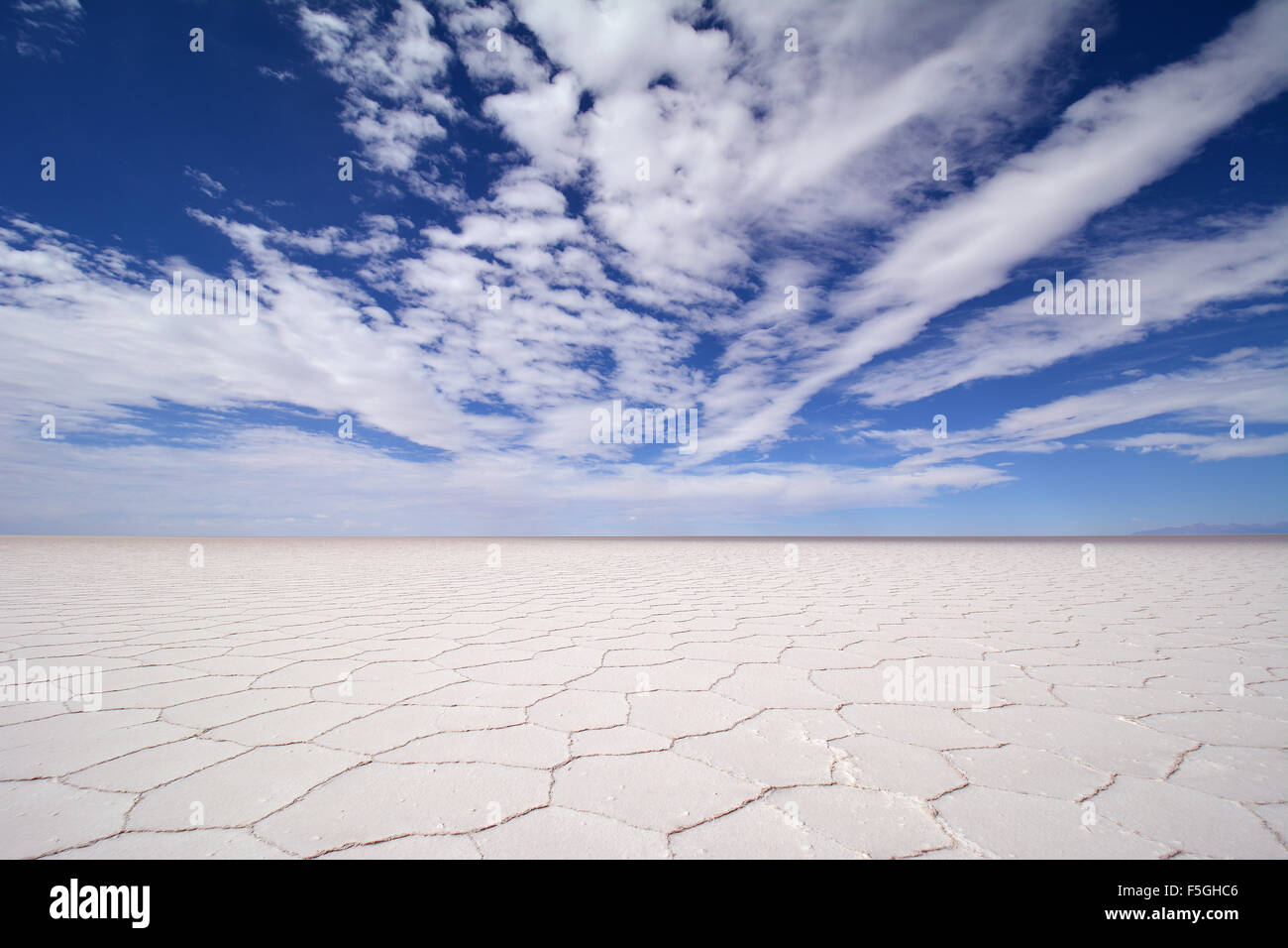 Honeycomb structure on Salar de Uyuni, salt flat, clouds, Altiplano, Lipez, Bolivia Stock Photo