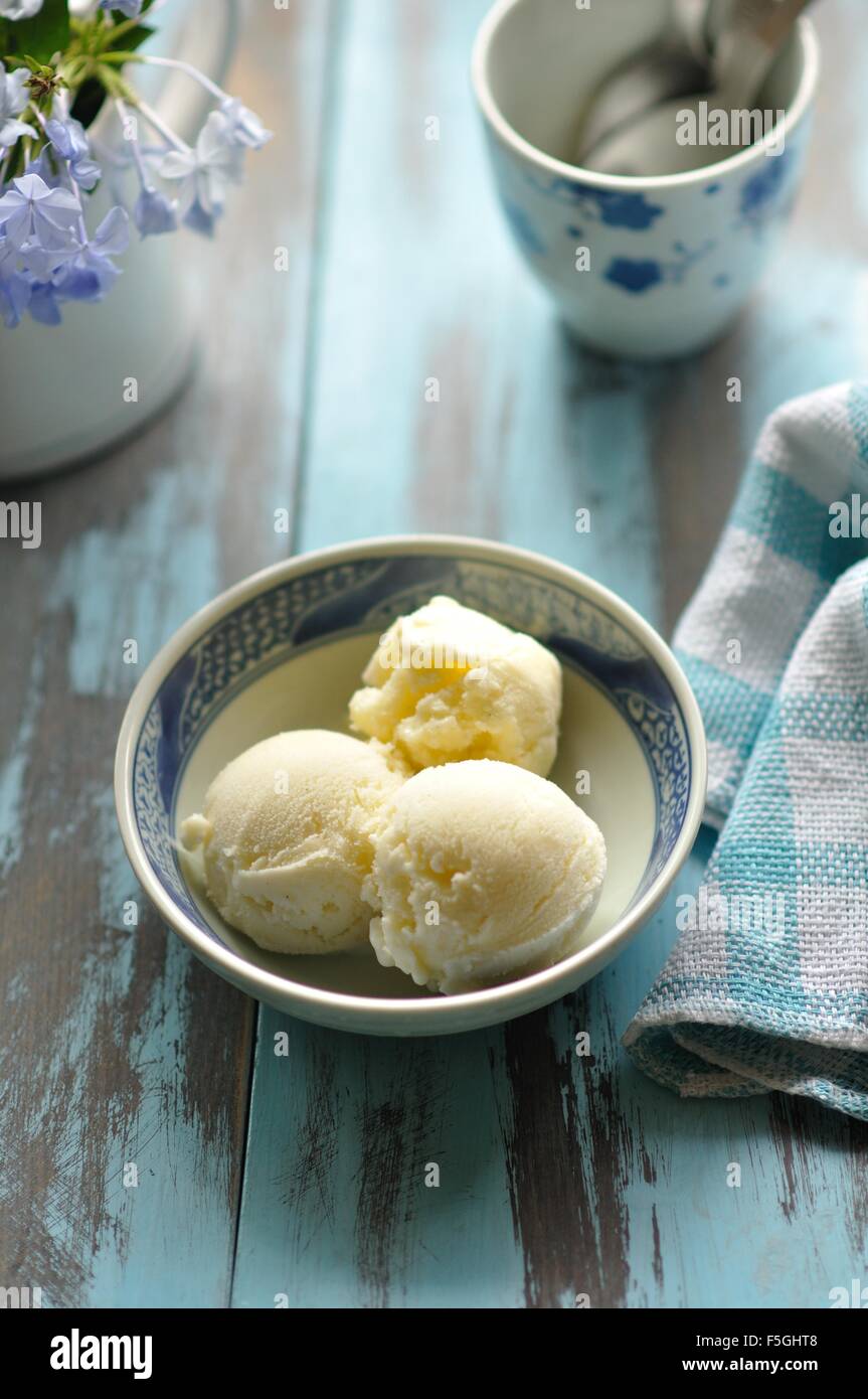 Vanilla Ice Cream in a blue bowl Stock Photo - Alamy