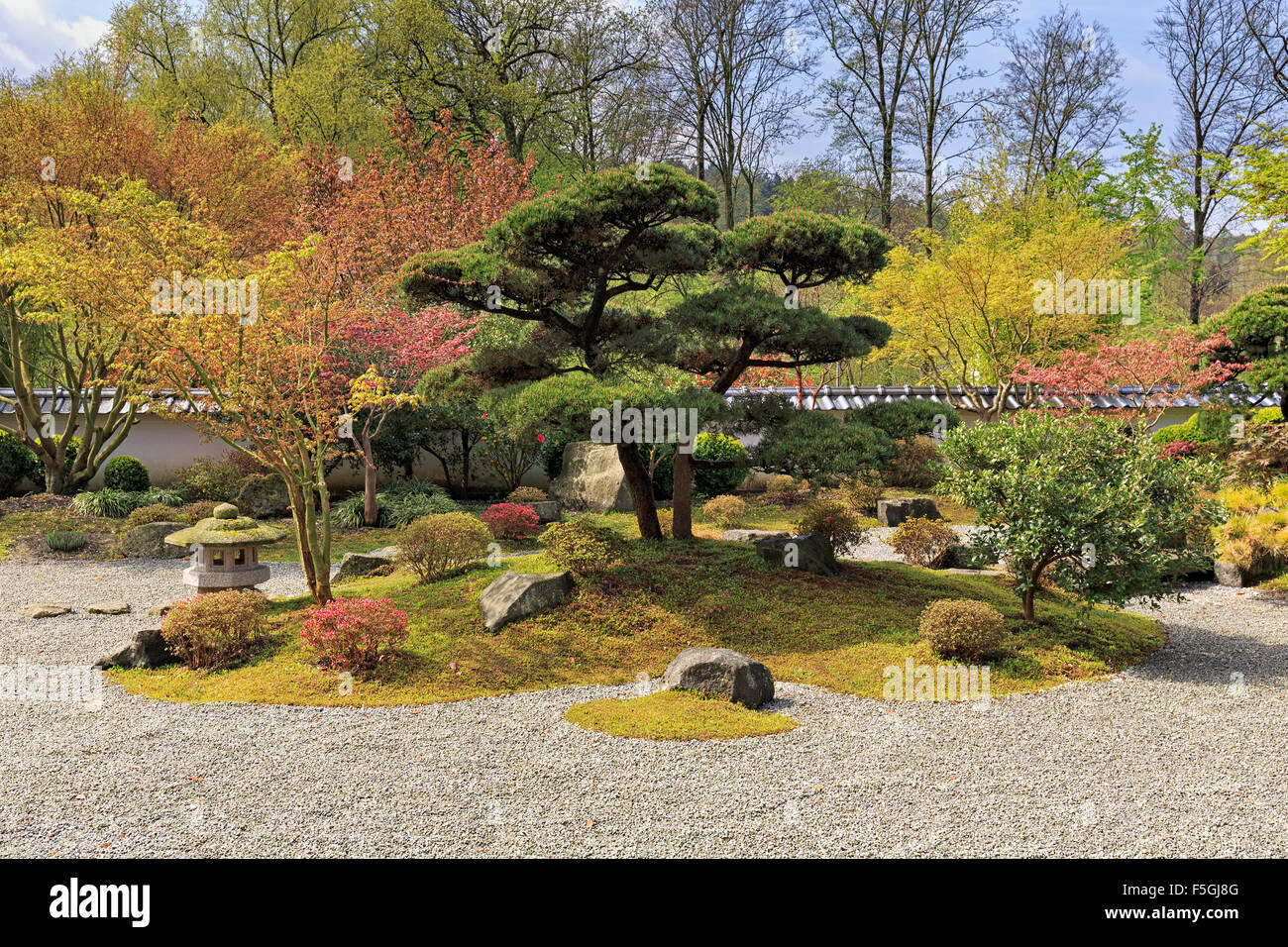 Japanese garden in spring, Kare-San-Sui, zen garden, display garden and dry landscape garden, Bielefeld, North Rhine-Westphalia Stock Photo