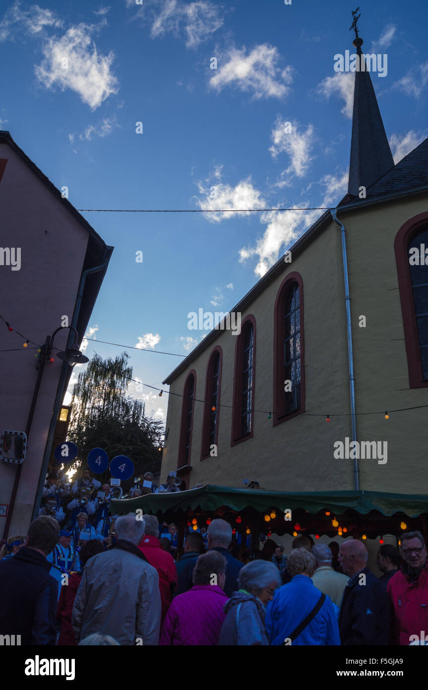 Brass band near the church at the street wine festival, strassenweinfest, Wolf, near Traben Trarbach, Mosel, Germany Stock Photo