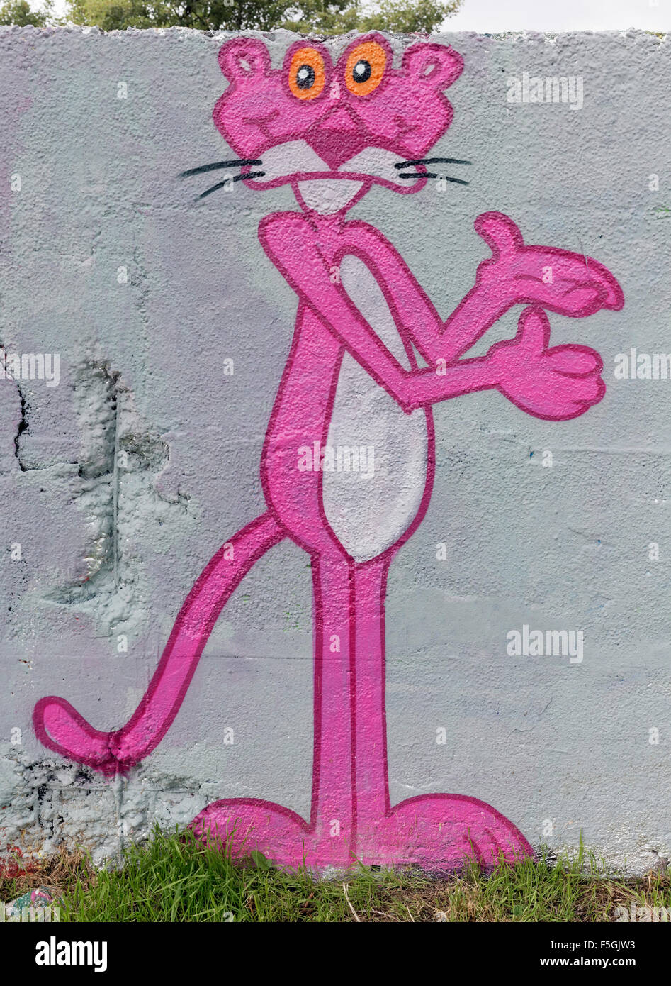 The Pink Panther, cartoon character, graffiti, street art, Duisburg-Meiderich, Ruhr district, North Rhine-Westphalia, Germany Stock Photo