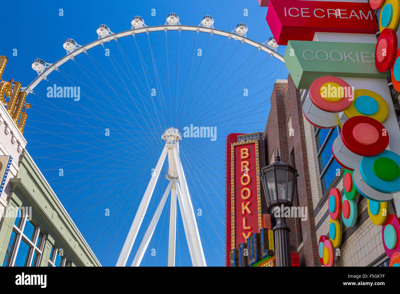 Las Vegas, Nevada.  The Linq Promenade, with High Roller in the Background, the world's tallest observation wheel as of 2015. Stock Photo