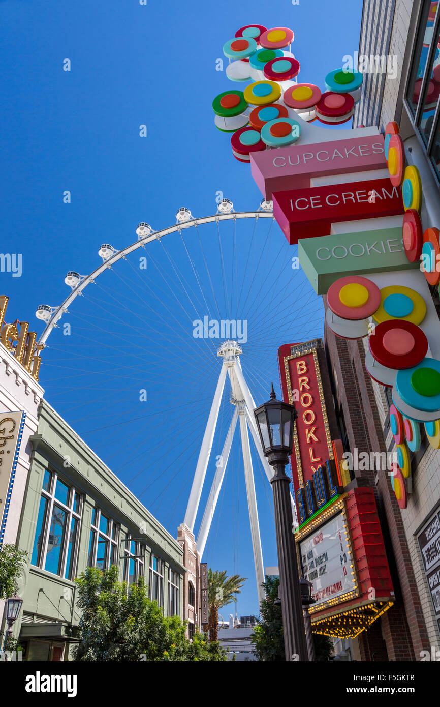 Las Vegas, Nevada.  The Linq Promenade, with High Roller in the Background, the world's tallest observation wheel as of 2015. Stock Photo