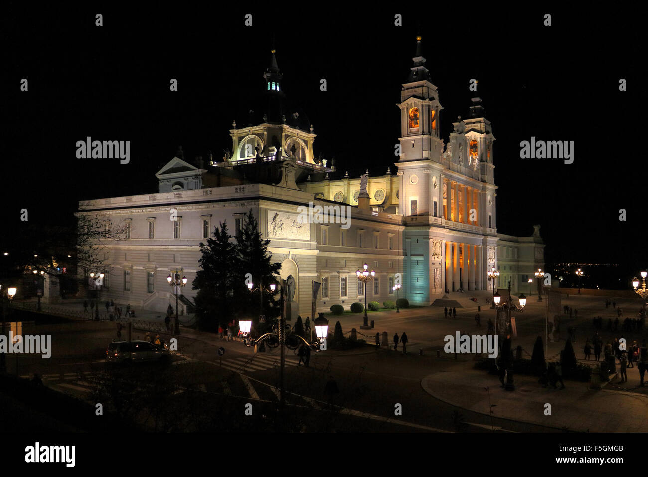 La Almudena Cathedral of Madrid at night Stock Photo