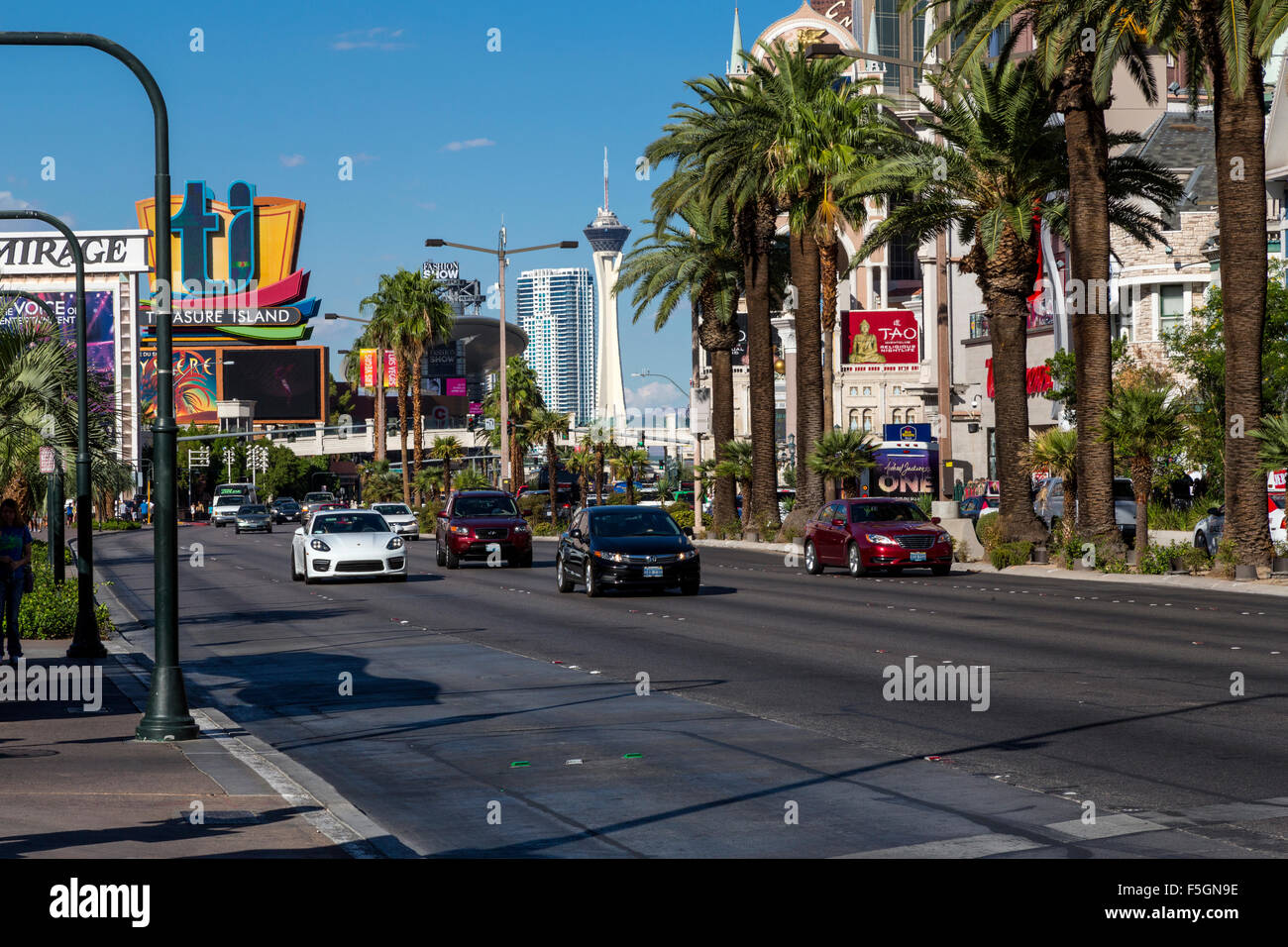 Las Vegas, Nevada.  Las Vegas Boulevard, The Strip, with Stratosphere Casino, Hotel, and Tower in background. Stock Photo