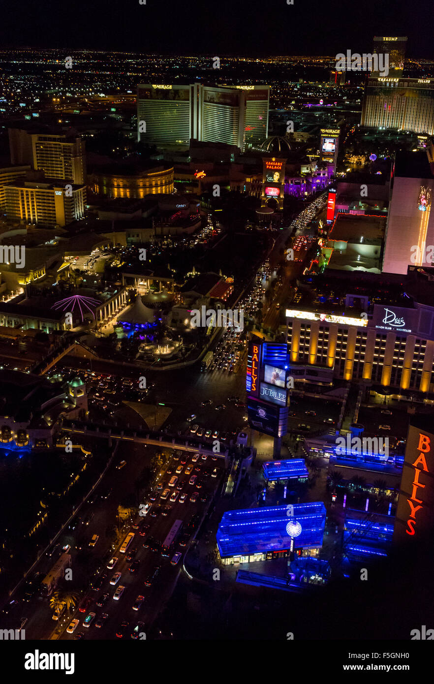 Las Vegas, Nevada at Night, from the Eiffel Tower, looking north up The Strip. Stock Photo