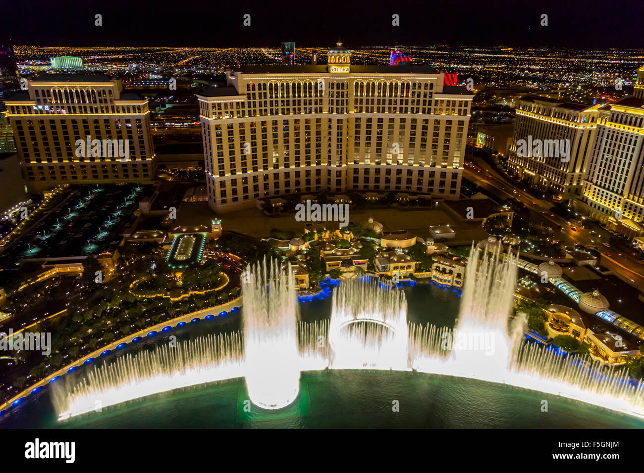 Las Vegas, Nevada at Night. The Bellagio Fountains from the Eiffel