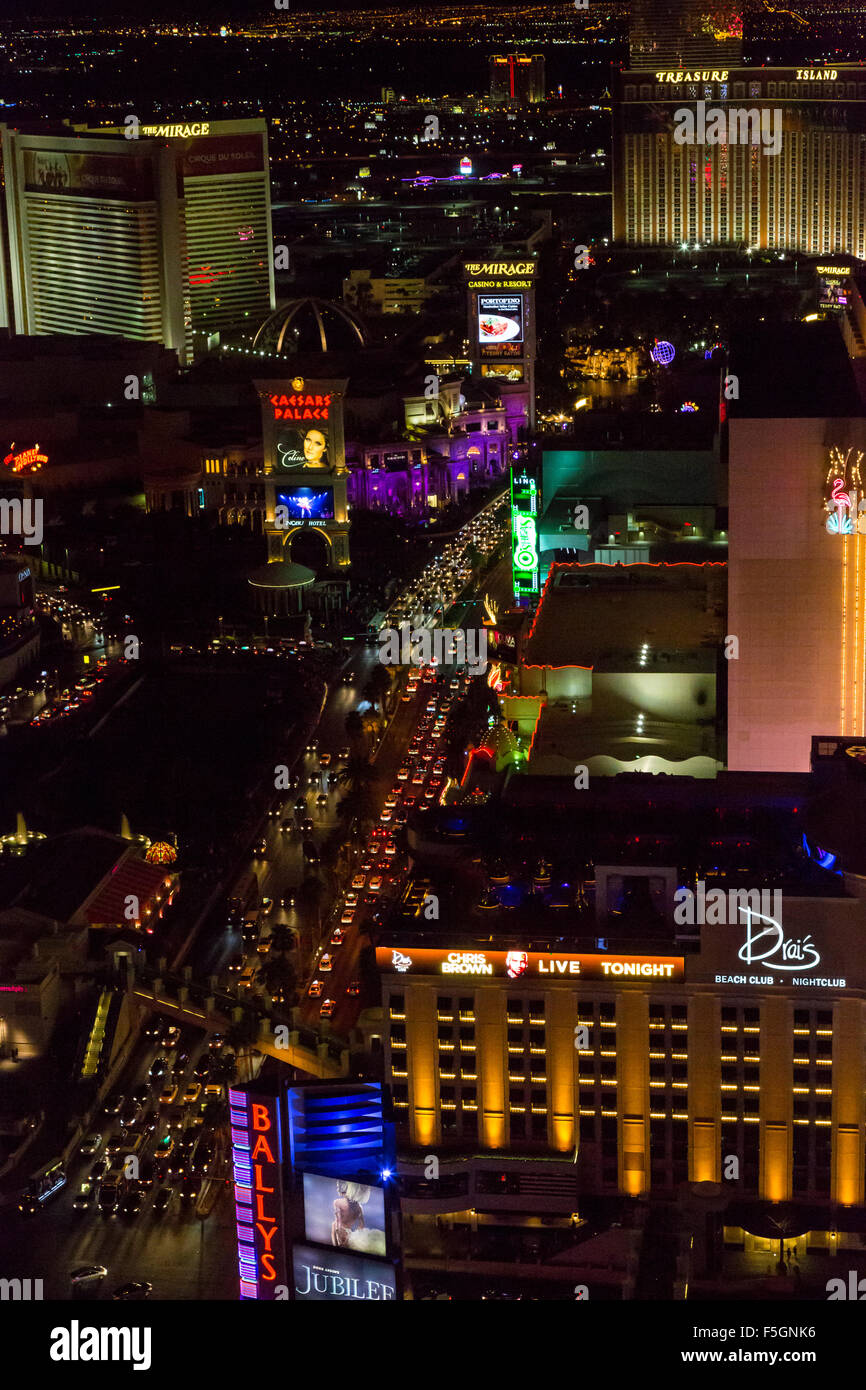 Las Vegas, Nevada at Night, from the Eiffel Tower, looking north along The Strip (Las Vegas Boulevard). Stock Photo
