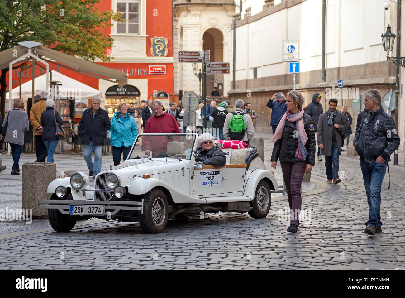 city tour in a vintage car, Old Town, Prague, Czech Republic Stock Photo