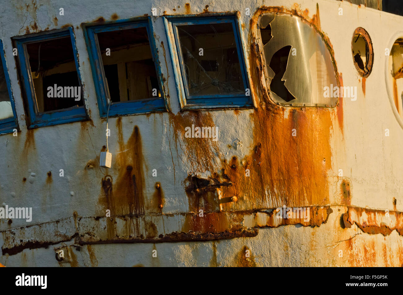 decaying rusting bridge of derelict ship Stock Photo