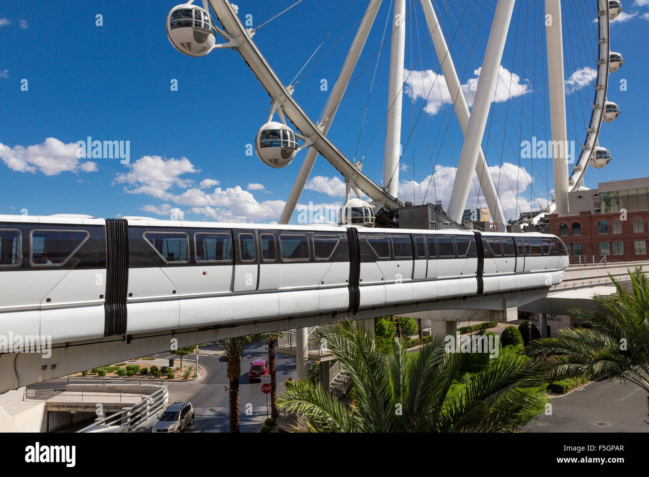 Las Vegas, Nevada.  Monorail, with High Roller in background, the world's tallest observation wheel, as of 2015. Stock Photo