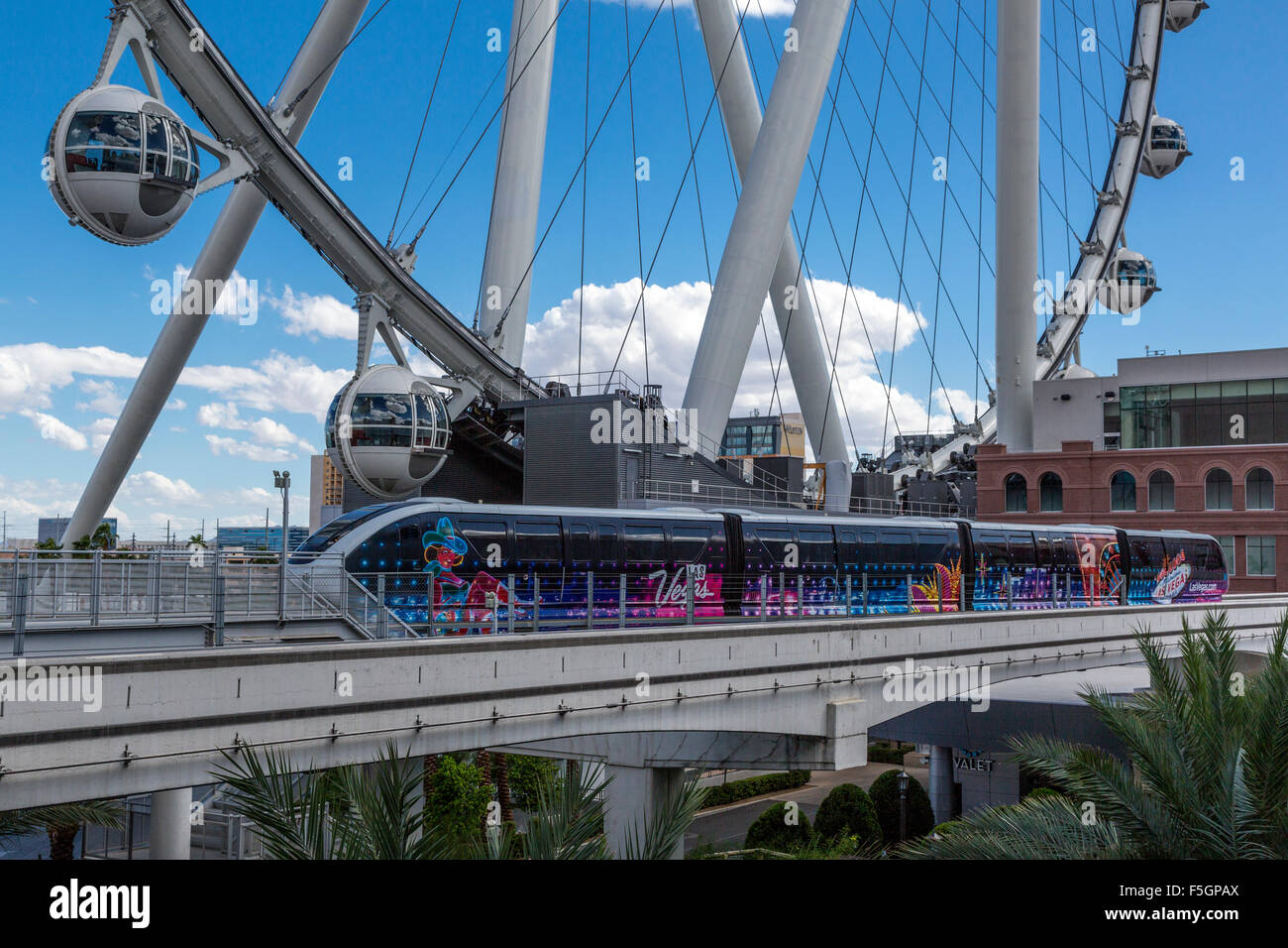 Las Vegas, Nevada.  Monorail, with High Roller in background, world's tallest observation wheel, as of 2015, Stock Photo