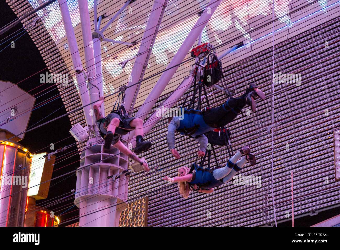 Las Vegas, Nevada.  Fremont Street.  Rescuing a Zipliner who Ran out of Momentum before Reaching the end of the Line. Stock Photo