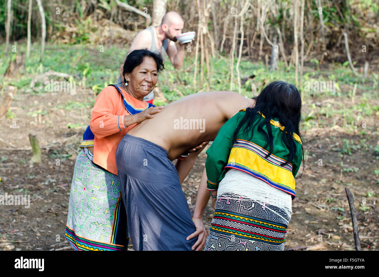 Purga purification using 'sangre de drago' dragon's blood at the beginning of ayahuasca diet  with Shipibo shamans Pucallpa Peru Stock Photo