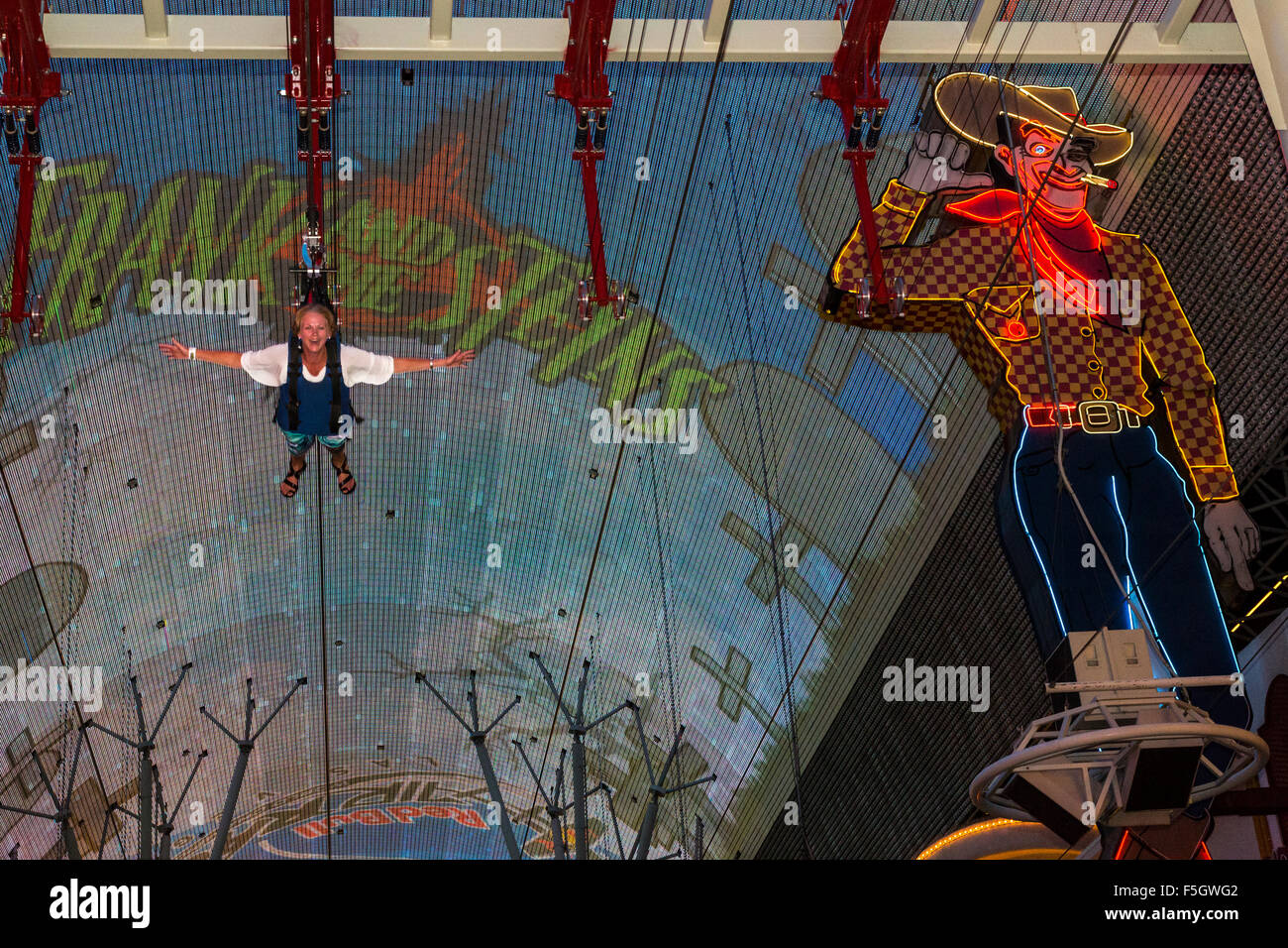 Las Vegas, Nevada. Fremont Street. Female Zip Line Rider on the