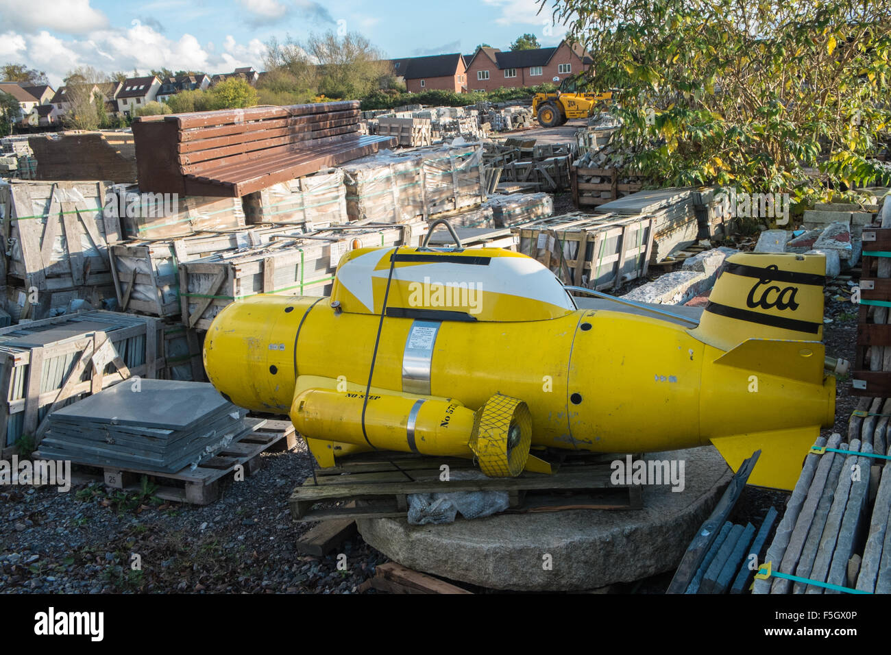 Yellow, submarine.submersible. Wells,Reclamation,antique,antiques,vintage,retro,salvage,architectural,yard,recycling,Somerset,England, Stock Photo