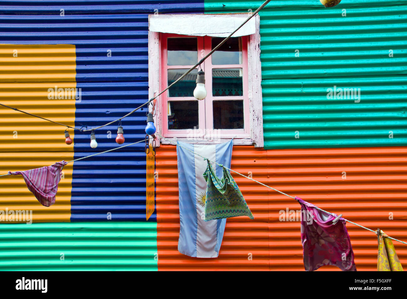 Colourful window with laundry in La Boca, Buenos Aires, Argentina Stock Photo