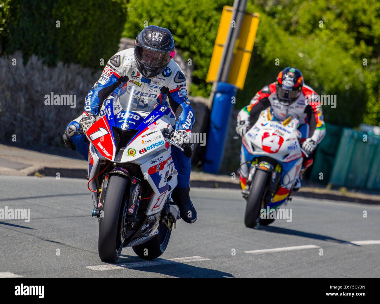 Guy Martin leads Dan Kneen at the Southern 100 road races on the Isle of Man in 2015 Stock Photo