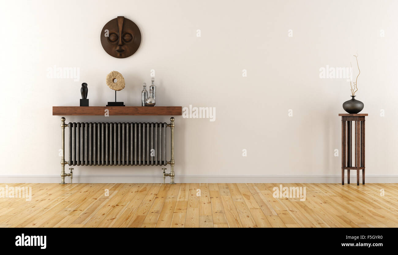 Empty room with vintage radiator and ethnic decor objects - 3D Rendering Stock Photo