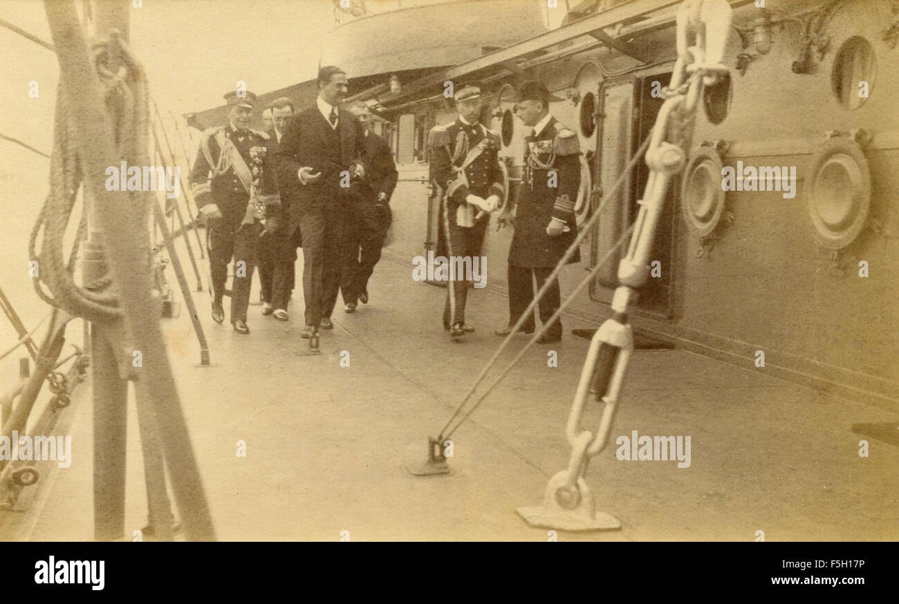 The Prime Ministers of Greece Andreas Michelakopoulos on board a ship with the Italian authorities Stock Photo