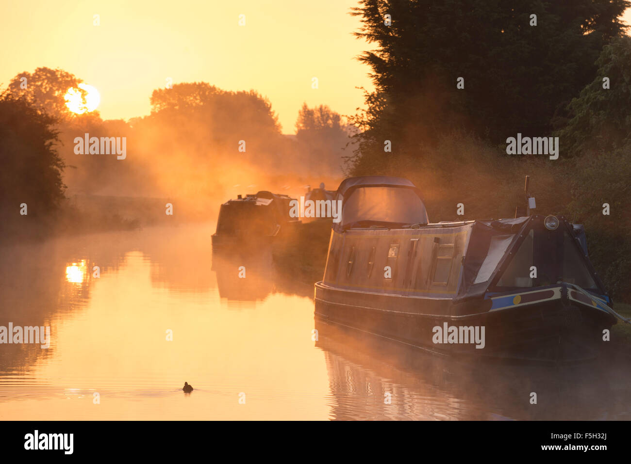 Narrowboats in Mist Moored on the Shropshire Union Canal in Cheshire at Sunrise Stock Photo